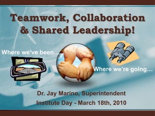 Teamwork, Collaboration & Shared Leadership! Where we’ve been… Where we’re going… Dr. Jay Marino, Superintendent Institute Day - March 18th, 2010 