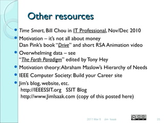 Other resourcesOther resources
 Time Smart, Bill Chou in IT Professional, Nov/Dec 2010
 Motivation – it’s not all about money
Dan Pink’s book “Drive” and short RSA Animation video
 Overwhelming data – see
“The Forth Paradigm” edited by Tony Hey
 Motivation theory:Abraham Maslow’s Hierarchy of Needs
 IEEE Computer Society: Build your Career site
 Jim’s blog, website, etc.
http://IEEESSIT.org SSIT Blog
http://www.JimIsaak.com (copy of this posted here)
2011 Mar 8 25Jim Isaak
 