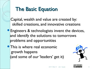 The Basic EquationThe Basic Equation
Capital, wealth and value are created by:
skilled creations, and innovative creations
Engineers & technologists invent the devices,
and identify the solutions to tomorrows
problems and opportunities
This is where real economic
growth happens
(and some of our ‘leaders’ get it)
2011 Mar 8 6Jim Isaak
 