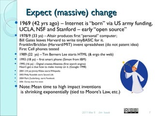 Expect (massive) changeExpect (massive) change
1969 (42 yrs ago) – Internet is “born” via US army funding,
UCLA, NSF and Stanford – early “open source”
 1978/9 (33 ya) – Altair produces first “personal” computer;
Bill Gates leaves Harvard to write tinyBASIC for it.
Franklin/Bricklan (Harvard/MIT) invent spreadsheet (do not patent idea)
First Cell phones tested
 1989 (22 ya) –Tim Berners Lee starts HTML (& ergo the web)
 1993 (18 ya) – first smart phone (Simon from IBM)
 1995 (16 ya) – Digital creates Altavista (first search engine)
Hasn’t got a clue how to make money on it. (Google: 1998)
 2001 (10 ya) Jimmy Wales starts Wikipedia
 2003 Philip Rosedale starts Second Life
 2004 Mark Zuckerberg starts Facebook
 2006 Dorsey does first tweet
 Note: Mean time to high impact inventions
is shrinking exponentially (tied to Moore's Law, etc.)
2011 Mar 8 7Jim Isaak
 
