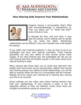 How Hearing Aids Improve Your Relationships


                     Imagine having a conversation that’s filled
                     with misunderstandings or interjections of,
                     “Can you speak up?” or “What was that?”
                     every minute or two.

                     It disrupts the flow, and over time, it may
                     lead the person you’re talking with to decide
                     it’s not worth the effort. Maintaining
relationships can be difficult if you can’t actually hear what people
are saying.

If you suffer from hearing problems, it may be time to go to an
audiologist and have your hearing evaluated. These hearing
specialists can test your ability to hear sounds across many
ranges. If you have hearing loss, the audiologist can set you up
with hearing aids that will amplify sounds in the areas where your
natural hearing is weak.

Many hearing aids these days are so small and high-tech that
people won’t even know you’re wearing them. Rather than having
your hearing disrupt your ability to build relationships, you will be
able to actually follow the flow of a conversation and be involved.
Nobody will even notice your hearing aid or hearing loss, leaving
you free to be yourself.

Group settings are one major area where hearing devices may
help your relationships. If your hearing is poor, it can be
especially difficult to filter out different voices when there are
multiple conversations going on around you.

                         Website : HaveBetterHearing
                       Blog : Hearing-Aids-Lancaster-PA
                             Phone : 717-392-4327
 