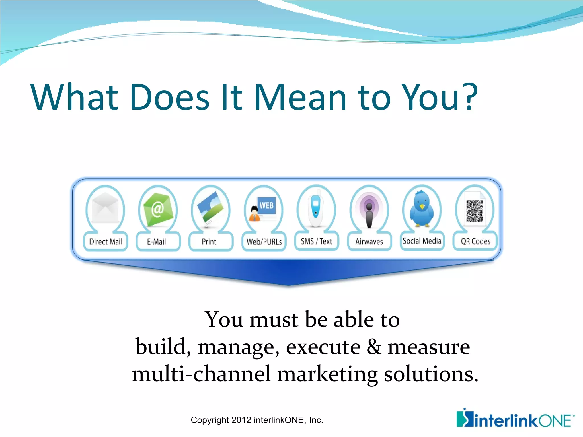 What Does It Mean to You?




            You must be able to
     build, manage, execute & measure
     multi-channel marketing solutions.
          Copyright 2012 interlinkONE, Inc.
 