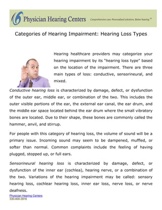 Categories of Hearing Impairment: Hearing Loss Types



                                Hearing healthcare providers may categorize your
                                hearing impairment by its “hearing loss type” based
                                on the location of the impairment. There are three
                                main types of loss: conductive, sensorineural, and
                                mixed.

Conductive hearing loss is characterized by damage, defect, or dysfunction
of the outer ear, middle ear, or combination of the two. This includes the
outer visible portions of the ear, the external ear canal, the ear drum, and
the middle ear space located behind the ear drum where the small vibratory
bones are located. Due to their shape, these bones are commonly called the
hammer, anvil, and stirrup.

For people with this category of hearing loss, the volume of sound will be a
primary issue. Incoming sound may seem to be dampened, muffled, or
softer than normal. Common complaints include the feeling of having
plugged, stopped up, or full ears.

Sensorineural         hearing    loss    is   characterized   by   damage,   defect,   or
dysfunction of the inner ear (cochlea), hearing nerve, or a combination of
the two. Variations of the hearing impairment may be called: sensory
hearing loss, cochlear hearing loss, inner ear loss, nerve loss, or nerve
deafness.
Physician Hearing Centers
330-400-3916
 