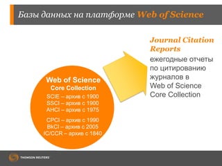 Базы данных на платформе Web of Science
Web of Science
Core Collection
SCIE – архив с 1900
SSCI – архив с 1900
AHCI – архив с 1975
CPCI – архив с 1990
BkCI – архив с 2005
IC/CCR – архив с 1840
Journal Citation
Reports
ежегодные отчеты
по цитированию
журналов в
Web of Science
Core Collection
 