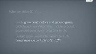 What we did in 2014 …
Goals:grew contributors and ground game,
prototyped newWebmaker mobile product.
Expanded community p...