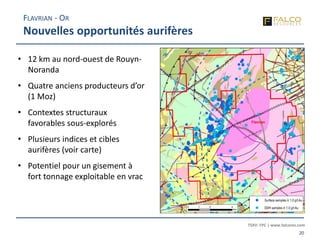 TSXV: FPC | www.falcores.com
20
• 12 km au nord-ouest de Rouyn-
Noranda
• Quatre anciens producteurs d’or
(1 Moz)
• Contextes structuraux
favorables sous-explorés
• Plusieurs indices et cibles
aurifères (voir carte)
• Potentiel pour un gisement à
fort tonnage exploitable en vrac
FLAVRIAN - OR
Nouvelles opportunités aurifères
 