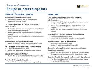 TSXV: FPC | www.falcores.com
5
SURVOL DE L’ENTREPRISE
Équipe de hauts dirigeants
Sean Roosen, président du conseil
• Président du conseil et chef de la direction de
Redevances Aurifères Osisko
Luc Lessard, président et chef de la direction,
administrateur
• Ancien vice-président principal, ingénierie et construction
pour Corporation Minière Osisko
• Ancien vice-président ingénierie et construction pour
Iamgold
• Ancien directeur général, ingénierie et construction pour
Cambior
René Marion, administrateur en chef
• Ancien président et chef de la direction d’AuRico Gold
Jim Davidson, chef des finances, administrateur
• Cofondateur de Ressources Falco
• Ancien chef des finances de Western Minerals Group
Claude Ferron, administrateur
• Ancien chef de l’exploitation de Xstrata Copper Canada
Paul Henri-Girard, administrateur
• Ancien VP Opérations canadiennes chez Agnico Eagle
CONSEIL D’ADMINISTRATION
Luc Lessard, président et chef de la direction,
administrateur
• Ancien vice-président principal, ingénierie et construction
pour Corporation Minière Osisko
• Ancien vice-président ingénierie et construction pour
Iamgold
• Ancien directeur général, ingénierie et construction pour
Cambior
Jim Davidson, chef des finances, administrateur
• Cofondateur de Ressources Falco
• Ancien chef des finances de Western Minerals Group
Michael Byron, Ph.D., VP Exploration
• Cofondateur de Ressources Falco
• Ancien VP Exploration de Lake Shore Gold
Claude Léveillée, VP Relations communautaires et
Ressources humaines
• Ancien directeur d’entreprise en ressources humaines et en
développement organisationnel chez Mines Agnico Eagle
Dean Linden, VP directeur, Développement des affaires
• Plus de 16 ans d’expérience en développement des affaires
et sur les marchés financiers
DIRECTION
 