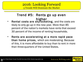 Source: 5 Real Estate Trends That Will Dominate 2016. Realtormag.realtor.org.
• Rental costs are skyrocketing, and the costs are
likely to only go up in the new year. More than 85
percent of the nation’s markets have rents that exceed
30 percent of the income of renting households.
• Rents are accelerating at a more rapid pace
than home prices, which are moderating. Because
of this, it is more affordable to buy than to rent in more
than three-quarters of the United States.
Trend #5: Rents go up even
higher
2016: Looking Forward
5 Trends Will Dominate the Market
 