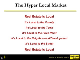 The Hyper Local Market
Real Estate is Local
It’s Local to the County
It’s Local to the Town
It’s Local to the Price Point
It’s Local to the Neighborhood/Development
It’s Local to the Street
Real Estate is Local
 