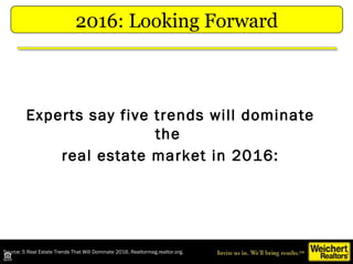 2016: Looking Forward
Source: 5 Real Estate Trends That Will Dominate 2016. Realtormag.realtor.org.
Experts say five trends will dominate
the
real estate market in 2016:
 
