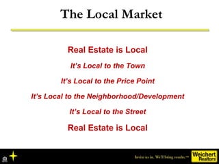 The Local Market
Real Estate is Local
It’s Local to the Town
It’s Local to the Price Point
It’s Local to the Neighborhood/Development
It’s Local to the Street
Real Estate is Local
 