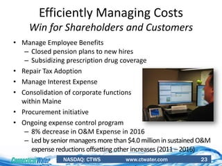 NASDAQ: CTWS www.ctwater.com 23
Efficiently Managing Costs
Win for Shareholders and Customers
• Manage Employee Benefits
– Closed pension plans to new hires
– Subsidizing prescription drug coverage
• Repair Tax Adoption
• Manage Interest Expense
• Consolidation of corporate functions
within Maine
• Procurement initiative
• Ongoing expense control program
– 8% decrease in O&M Expense in 2016
– Led by senior managers more than $4.0 million in sustained O&M
expense reductions offsetting other increases (2011 – 2016)
 