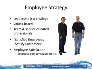 NASDAQ: CTWS www.ctwater.com 39
• Leadership is a privilege
• Values-based
• Team & service oriented
professionals
• “Satisfied Employees
Satisfy Customers”
• Employee Satisfaction
– Executive compensation metric
Employee Strategy
 