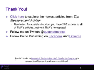 Thank You!
Click here to explore the newest articles from The
Measurement Advisor
Reminder: As a paid subscriber you have 24/7 access to all
of TMA’s articles…just visit TMA’s homepage!
Follow me on Twitter: @queenofmetrics
Follow Paine Publishing on Facebook and LinkedIn
8
Special thanks to Montclair State University's Graduate Program for
sponsoring this month's Measurement Hour!
8