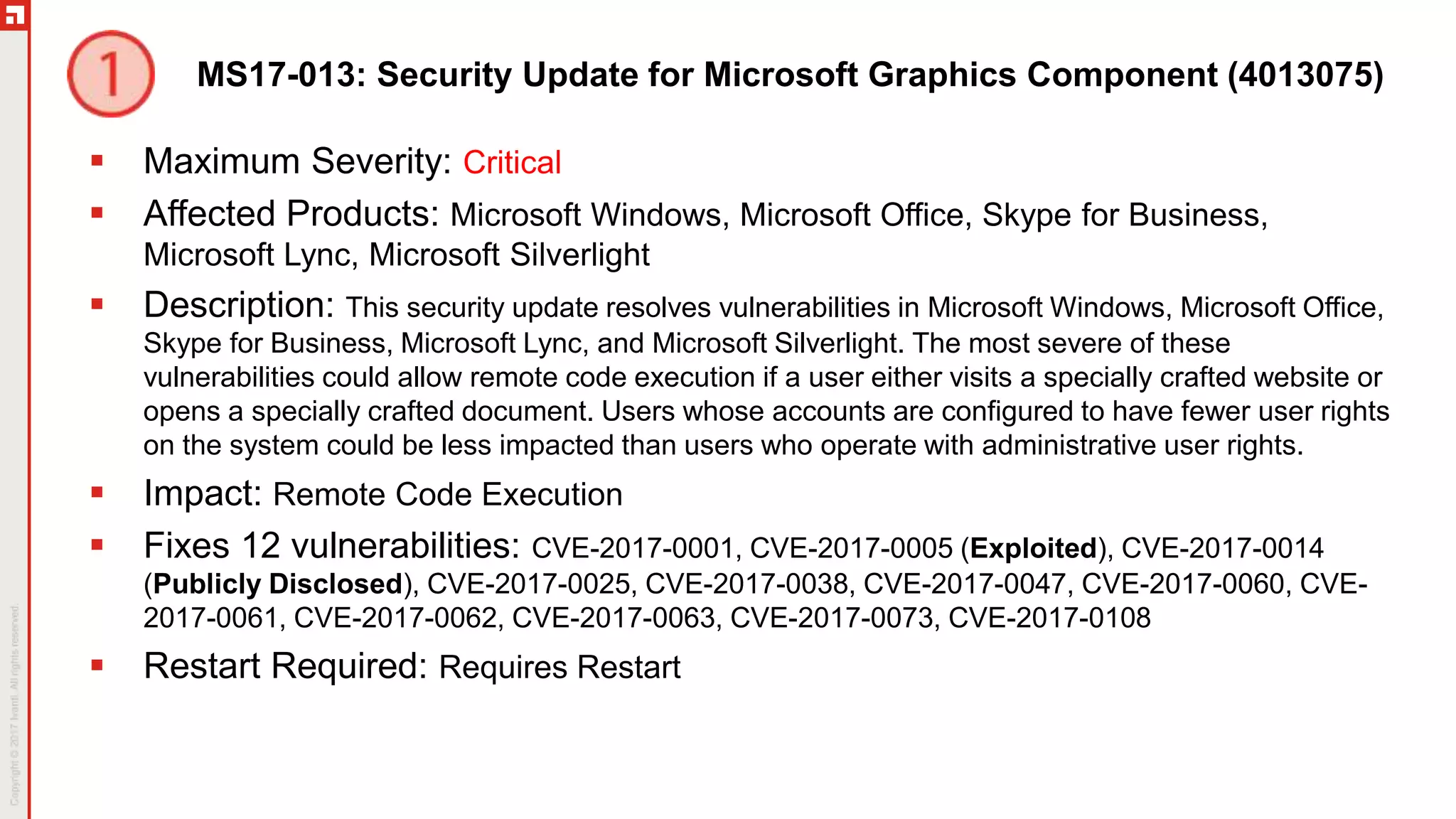 MS17-013: Security Update for Microsoft Graphics Component (4013075)
 Maximum Severity: Critical
 Affected Products: Microsoft Windows, Microsoft Office, Skype for Business,
Microsoft Lync, Microsoft Silverlight
 Description: This security update resolves vulnerabilities in Microsoft Windows, Microsoft Office,
Skype for Business, Microsoft Lync, and Microsoft Silverlight. The most severe of these
vulnerabilities could allow remote code execution if a user either visits a specially crafted website or
opens a specially crafted document. Users whose accounts are configured to have fewer user rights
on the system could be less impacted than users who operate with administrative user rights.
 Impact: Remote Code Execution
 Fixes 12 vulnerabilities: CVE-2017-0001, CVE-2017-0005 (Exploited), CVE-2017-0014
(Publicly Disclosed), CVE-2017-0025, CVE-2017-0038, CVE-2017-0047, CVE-2017-0060, CVE-
2017-0061, CVE-2017-0062, CVE-2017-0063, CVE-2017-0073, CVE-2017-0108
 Restart Required: Requires Restart
 