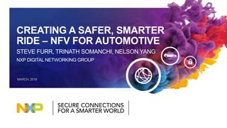 NXP DIGITAL NETWORKING GROUP
STEVE FURR, TRINATH SOMANCHI, NELSON YANG
CREATING A SAFER, SMARTER
RIDE – NFV FOR AUTOMOTIVE
MARCH, 2018
 
