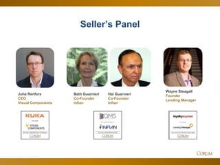 36
Seller’s Panel
Juha Renfors
CEO
Visual Components
Wayne Steagall
Founder
Lending Manager
Beth Guarnieri
Co-Founder
Infian
Hal Guarnieri
Co-Founder
Infian
 