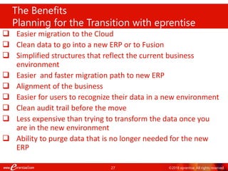 27 ©2018 eprentise. All rights reserved.
 Easier migration to the Cloud
 Clean data to go into a new ERP or to Fusion
 Simplified structures that reflect the current business
environment
 Easier and faster migration path to new ERP
 Alignment of the business
 Easier for users to recognize their data in a new environment
 Clean audit trail before the move
 Less expensive than trying to transform the data once you
are in the new environment
 Ability to purge data that is no longer needed for the new
ERP
The Benefits
Planning for the Transition with eprentise
 