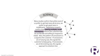 Many studies confirm that while most of
us prefer to get bad news all at once, we
prefer to get good news in
installments. Negotiation experts
confirm that making multiple, small
concessions informs the customer that
we are flexible and willing to respond to
needs. Also, the pattern of concessions is
a signal to the customer. If concessions
are of varying size, this signals the
customer to keep going. If concessions
are of diminishing size, this signals
approach to a bottom line.
Copyright © 2017 Richardson
 