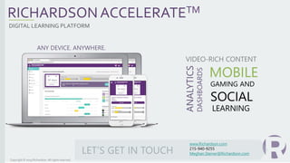 RICHARDSON ACCELERATETM
DIGITAL LEARNING PLATFORM
Copyright © 2019 Richardson.All rights reserved.
ANY DEVICE. ANYWHERE.
www.Richardson.com
215-940-9255
Meghan.Steiner@Richardson.comLET’S GET IN TOUCH
 