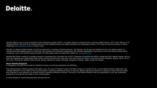 Deloitte refers to one or more of Deloitte Touche Tohmatsu Limited (“DTTL”), its global network of member firms, and their related entities. DTTL (also referred to as
“Deloitte Global”) and each of its member firms and their affiliated entities are legally separate and independent entities. DTTL does not provide services to clients.
Please see www.deloitte.com/about to learn more.
Deloitte is a leading global provider of audit and assurance, consulting, financial advisory, risk advisory, tax & legal and related services. Our global network of
member firms and related entities in more than 150 countries and territories (collectively, the “Deloitte organisation”) serves four out of five Fortune Global 500®
companies. Learn how Deloitte’s approximately 312,000 people make an impact that matters at www.deloitte.com.
Deloitte Asia Pacific Limited is a company limited by guarantee and a member firm of DTTL. Members of Deloitte Asia Pacific Limited and their related entities, each of
which are separate and independent legal entities, provide services from more than 100 cities across the region, including Auckland, Bangkok, Beijing, Hanoi, Ho Chi
Minh City, Hong Kong, Jakarta, Kuala Lumpur, Manila, Melbourne, Osaka, Shanghai, Singapore, Sydney, Taipei, Tokyo and Yangon.
About Deloitte Singapore
In Singapore, services are provided by Deloitte & Touche LLP and its subsidiaries and affiliates.
This communication contains general information only, and none of Deloitte Touche Tohmatsu Limited, its member firms, or their related entities (collectively, the
“Deloitte Network”) is, by means of this communication, rendering professional advice or services. Before making any decision or taking any action that may affect
your finances or your business, you should consult a qualified professional adviser. No entity in the Deloitte Network shall be responsible for any loss whatsoever
sustained by any person who relies on this communication.
© 2020 Deloitte & Touche Enterprise Risk Services Pte Ltd
 