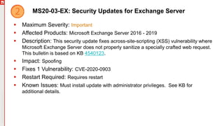 Copyright©2019Ivanti.Allrightsreserved
MS20-03-EX: Security Updates for Exchange Server
 Maximum Severity: Important
 Affected Products: Microsoft Exchange Server 2016 - 2019
 Description: This security update fixes across-site-scripting (XSS) vulnerability where
Microsoft Exchange Server does not properly sanitize a specially crafted web request.
This bulletin is based on KB 4540123.
 Impact: Spoofing
 Fixes 1 Vulnerability: CVE-2020-0903
 Restart Required: Requires restart
 Known Issues: Must install update with administrator privileges. See KB for
additional details.
 