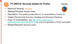 Copyright©2019Ivanti.Allrightsreserved
FF-200310: Security Update for Firefox
 Maximum Severity: Important
 Affected Products: Mozilla Firefox
 Description: This update provides fixes for 12 vulnerabilities in Firefox 74.
 Impact: Remote Code Execution, Spoofing and Information Disclosure
 Fixes 12 Vulnerabilities: See https://www.mozilla.org/en-
US/security/advisories/mfsa2020-08/ for a list and description of CVEs remediated.
 Restart Required: Requires restart
 