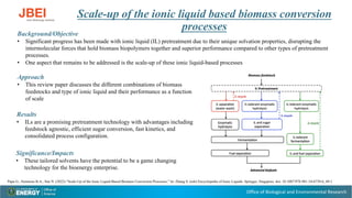 Office of Biological and Environmental Research
Scale-up of the ionic liquid based biomass conversion
processes
Background/Objective
• Significant progress has been made with ionic liquid (IL) pretreatment due to their unique solvation properties, disrupting the
intermolecular forces that hold biomass biopolymers together and superior performance compared to other types of pretreatment
processes.
• One aspect that remains to be addressed is the scale-up of these ionic liquid-based processes
Approach
• This review paper discusses the different combinations of biomass
feedstocks and type of ionic liquid and their performance as a function
of scale
Results
• ILs are a promising pretreatment technology with advantages including
feedstock agnostic, efficient sugar conversion, fast kinetics, and
consolidated process configuration.
Significance/Impacts
• These tailored solvents have the potential to be a game changing
technology for the bioenergy enterprise.
Papa G., Simmons B.A., Sun N. (2022) “Scale-Up of the Ionic Liquid-Based Biomass Conversion Processes.” In: Zhang S. (eds) Encyclopedia of Ionic Liquids. Springer, Singapore. doi: 10.1007/978-981-10-6739-6_49-1
 