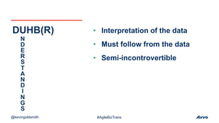 • Interpretation of the data
• Must follow from the data
• Semi-incontrovertible
DUHB(R)
N
D
E
R
S
T
A
N
D
I
N
G
S
@kevingoldsmith #AgileBizTrans
 