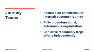 • Focused on an external (or
internal) customer journey
• Fully cross-functional,
autonomous organization
• Can drive reasonably large
efforts independently
Journey
Teams
@kevingoldsmith #AgileBizTrans
 