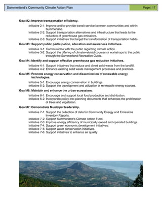 Summerland’s Community Climate Action Plan                                                                  Page | 17



       Goal #2: Improve transportation efficiency.
             Initiative 2-1: Improve and/or provide transit service between communities and within
                             Summerland.
             Initiative 2-2: Support transportation alternatives and infrastructure that leads to the
                             reduction of greenhouse gas emissions.
             Initiative 2-3: Support initiatives that target the transformation of transportation habits.
       Goal #3: Support public participation, education and awareness initiatives.
             Initiative 3-1: Communicate with the public regarding climate action.
             Initiative 3-2: Support the offering of climate-related courses or workshops to the public
                             through the Summerland Recreation Guide.
       Goal #4: Identify and support effective greenhouse gas reduction initiatives.
             Initiative 4-1: Support initiatives that reduce and divert solid waste from the landfill.
             Initiative 4-2: Enhance existing solid waste management processes and practices.
       Goal #5: Promote energy conservation and dissemination of renewable energy
                technologies.
             Initiative 5-1: Encourage energy conservation in buildings.
             Initiative 5-2: Support the development and utilization of renewable energy sources.
       Goal #6: Maintain and enhance the urban ecosystem.
             Initiative 6-1: Encourage and support local food production and distribution.
             Initiative 6-2: Incorporate policy into planning documents that enhances the proliferation
                             of trees and vegetation.
       Goal #7: Demonstrate Municipal leadership.
             Initiative 7-1: Support the collection of data for Community Energy and Emissions
                             Inventory Reports.
             Initiative 7-2: Support Summerland's Climate Action Fund.
             Initiative 7-3: Improve energy efficiency of municipally owned and operated buildings.
             Initiative 7-4: Support green economic development initiatives.
             Initiative 7-5: Support water conservation initiatives.
             Initiative 7-6: Support initiatives to enhance air quality
 