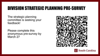DIVISION STRATEGIC PLANNING PRE-SURVEY
The strategic planning
committee is seeking your
feedback!
Please complete this
anonymous pre-survey by
March 27
 