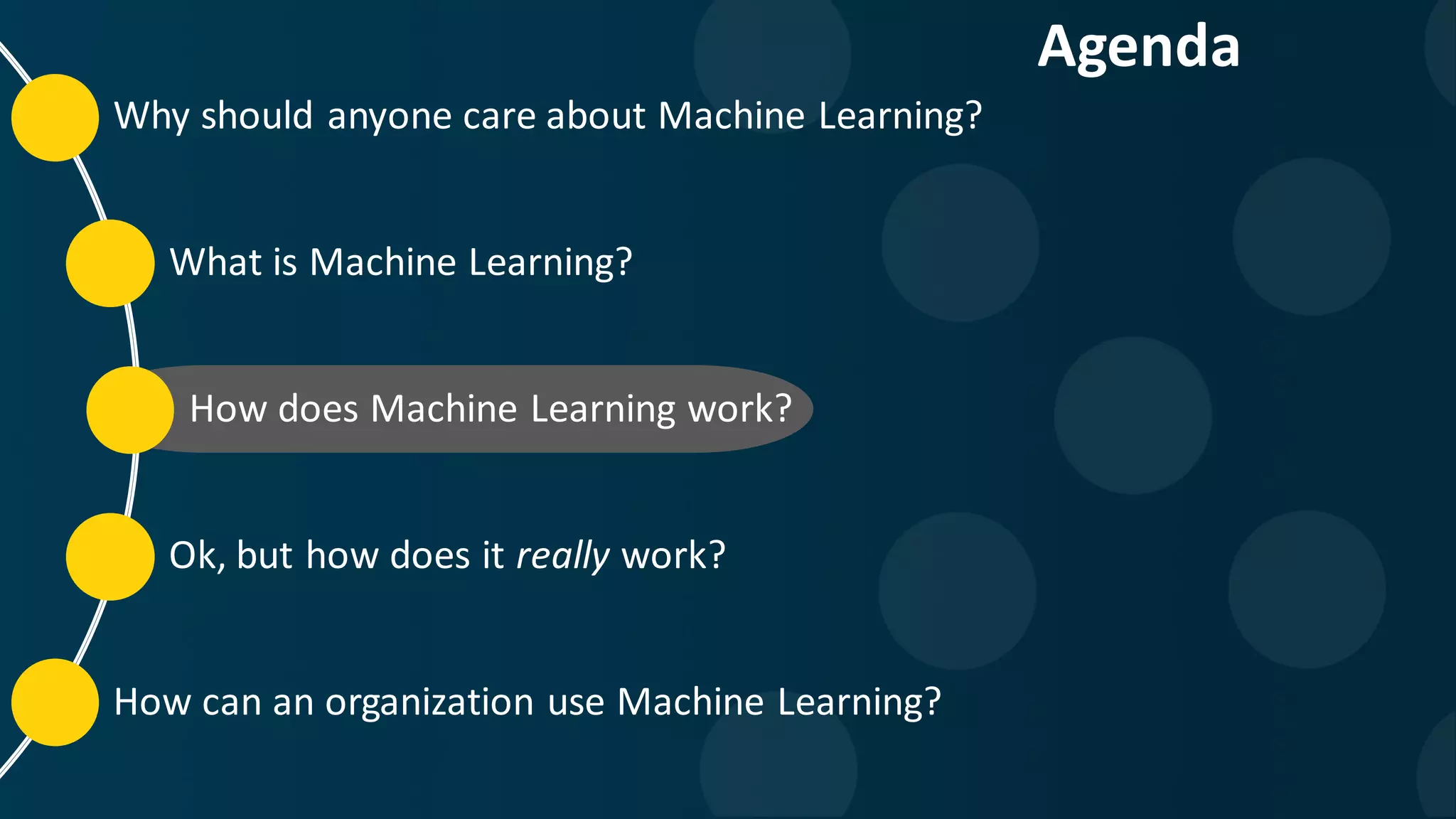 Why should anyone care about Machine Learning? What is Machine Learning? How does Machine Learning work? Ok, but how does it really work? How can an organization use Machine Learning? Agenda 