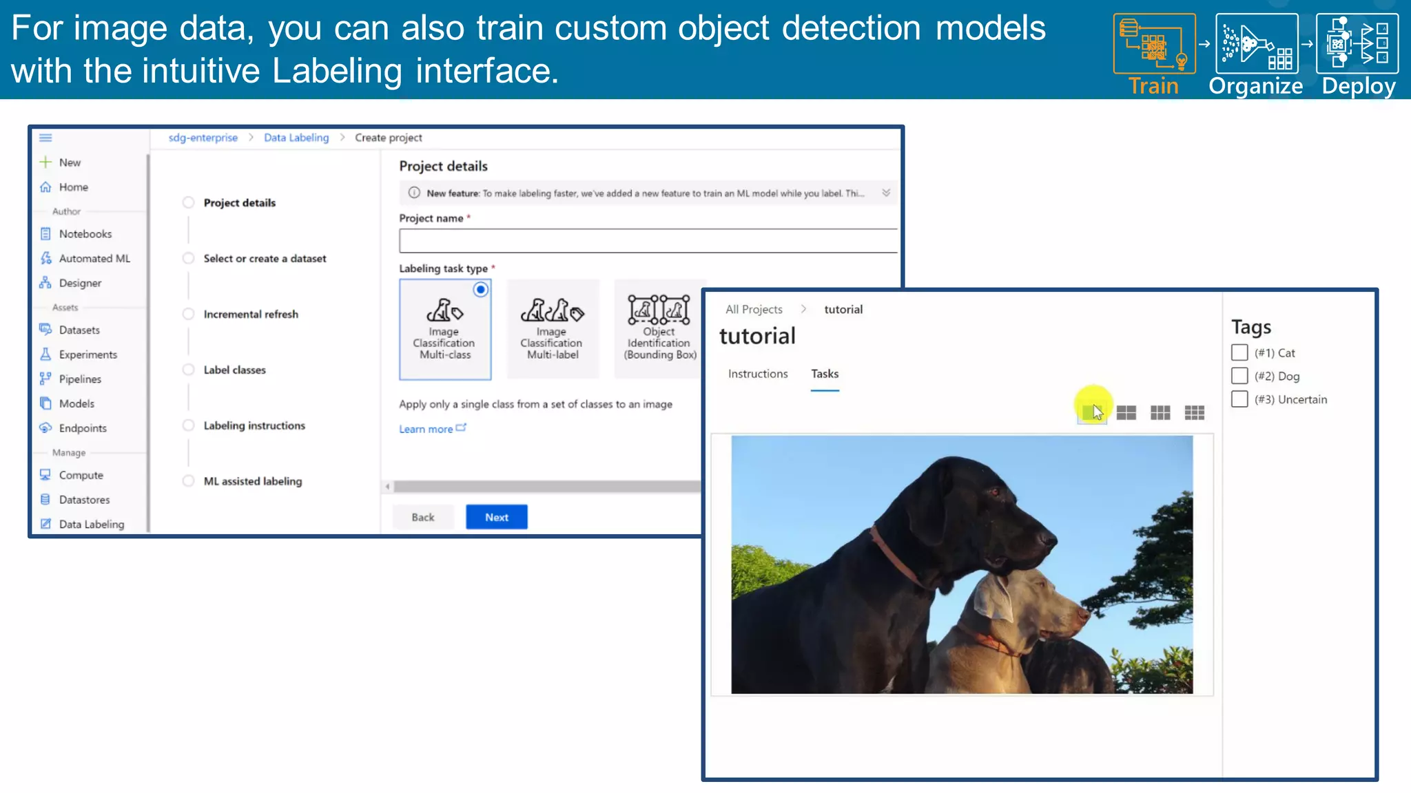 For image data, you can also train custom object detection models with the intuitive Labeling interface. Train Organize A B C Deploy 