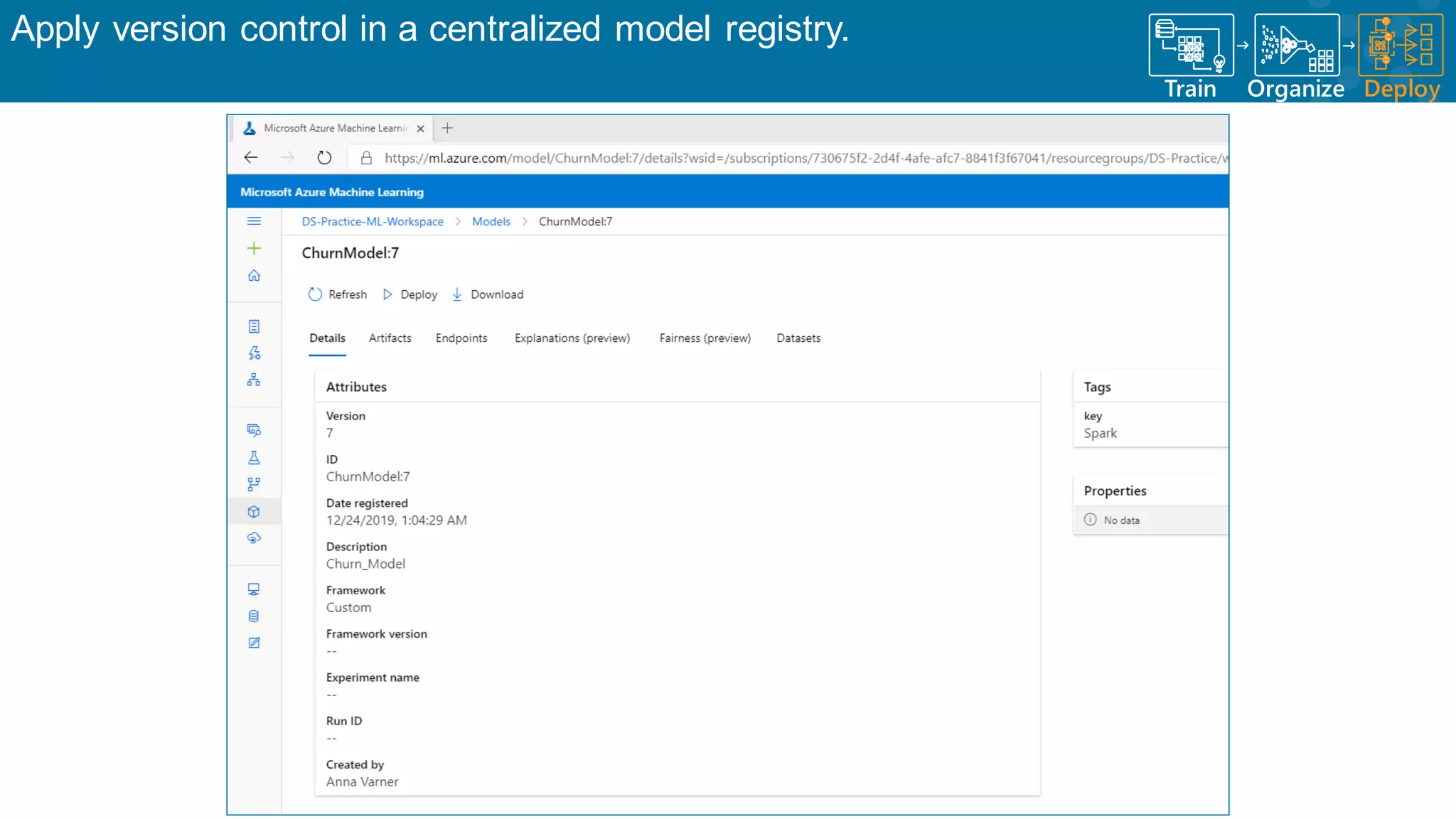 Apply version control in a centralized model registry. Train Organize A B C Deploy 