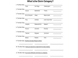 What’sthe Claim Category?
1. The Main Idea: __________________________________________________________
Pizza Hot Dogs Hamburgers ____________
2. The Main Idea: __________________________________________________________
Soccer Basketball Tennis ____________
3. The Main Idea: __________________________________________________________
Go to the park Sleep Read a book ____________
4. The Main Idea: __________________________________________________________
Pray Confess Learn about God ____________
5. The Main Idea: __________________________________________________________
Honesty Responsibility Respect ____________
6. The Main Idea: __________________________________________________________
Ferrari Corvette Porsche ____________
7. The Main Idea: __________________________________________________________
Teacher Engineer Architect ____________
8. The Main Idea: __________________________________________________________
Moons Planets Star ____________
9. The Main Idea: Teachers do many things at school.
_____________________ ____________________ ____________________
10. The Main Idea: Having an education is important for many reasons.
_____________________ ____________________ ____________________
11. The Main Idea: You can do different activities on a computer.
_____________________ ____________________ ____________________
 