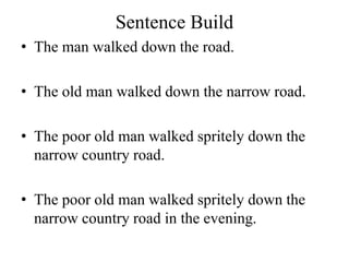 Sentence Build
• The man walked down the road.
• The old man walked down the narrow road.
• The poor old man walked spritely down the
narrow country road.
• The poor old man walked spritely down the
narrow country road in the evening.
 