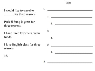 I would like to travel to
______ for three reasons.
Park Ji Sung is great for
three reasons.
I have three favorite Korean
foods.
I love English class for three
reasons.
???
 