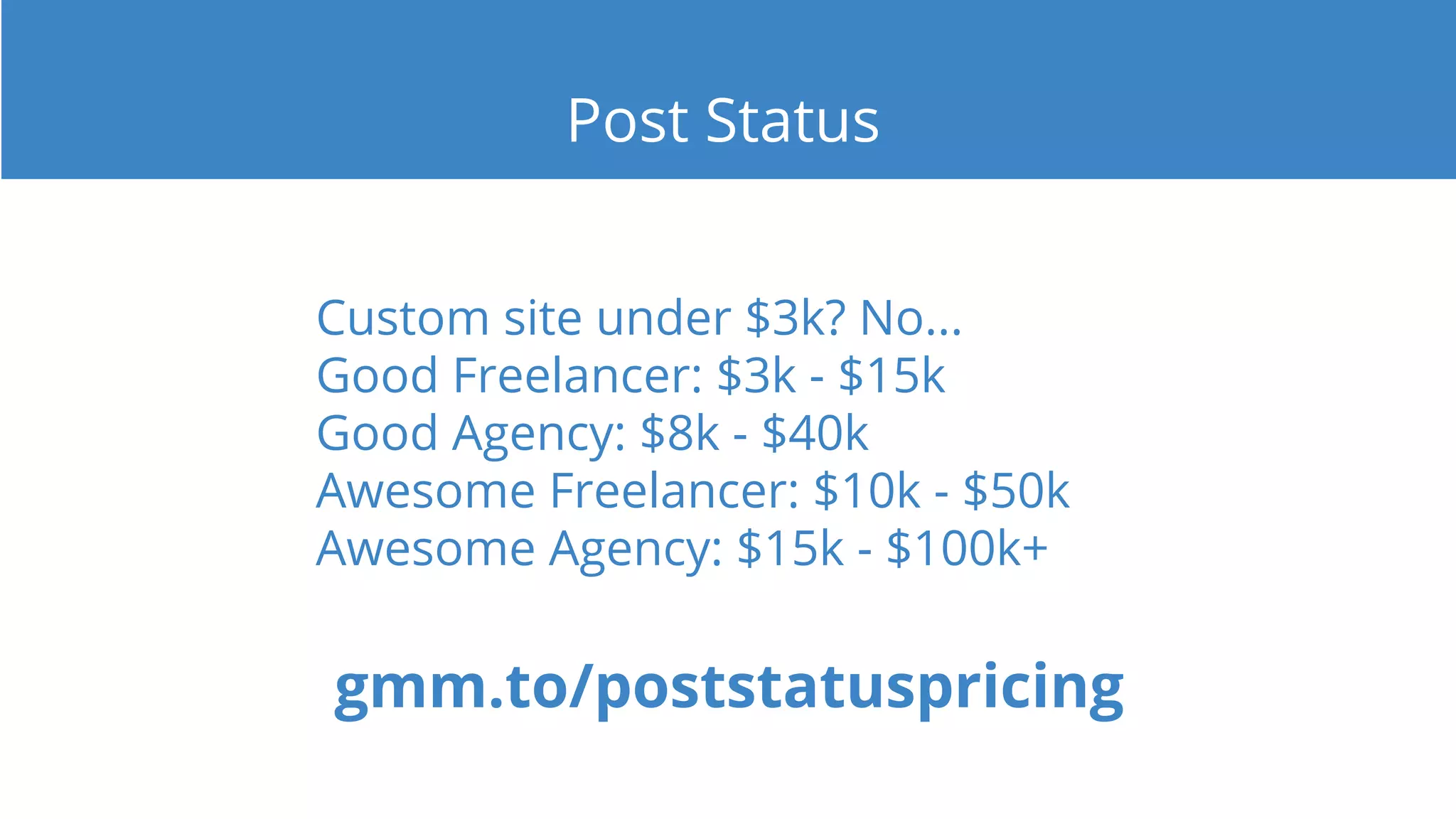 Custom site under $3k? No...
Good Freelancer: $3k - $15k
Good Agency: $8k - $40k
Awesome Freelancer: $10k - $50k
Awesome Agency: $15k - $100k+
gmm.to/poststatuspricing
Post Status
 