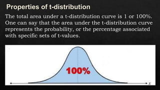 The total area under a t-distribution curve is 1 or 100%.
One can say that the area under the t-distribution curve
represents the probability, or the percentage associated
with specific sets of t-values.
 