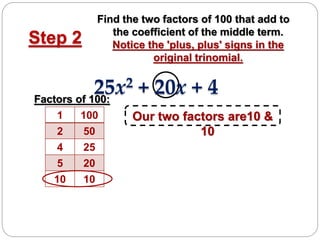 Step 2
Find the two factors of 100 that add to
the coefficient of the middle term.
Notice the 'plus, plus' signs in the
original trinomial.
Factors of 100:
1 100
2 50
4 25
5 20
10 10
Our two factors are10 &
10
25x2 + 20x + 4
 