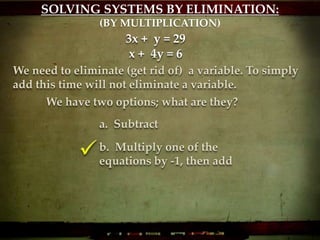 We have two options; what are they?
3x + y = 29
x + 4y = 6
We need to eliminate (get rid of) a variable. To simply
add this time will not eliminate a variable.
a. Subtract
b. Multiply one of the
equations by -1, then add
SOLVING SYSTEMS BY ELIMINATION:
(BY MULTIPLICATION)
 