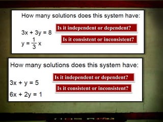 Is it independent or dependent?
Is it consistent or inconsistent?
Is it independent or dependent?
Is it consistent or inconsistent?
 