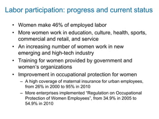 Labor participation: progress and current status
• Women make 46% of employed labor
• More women work in education, culture, health, sports,
commercial and retail, and service
• An increasing number of women work in new
emerging and high-tech industry
• Training for women provided by government and
women’s organizations
• Improvement in occupational protection for women
– A high coverage of maternal insurance for urban employees,
from 26% in 2000 to 95% in 2010
– More enterprises implemented “Regulation on Occupational
Protection of Women Employees”, from 34.9% in 2005 to
54.9% in 2010
 