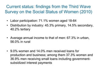 Current status: findings from the Third Wave
Survey on the Social Status of Women (2010)
• Labor participation: 71.1% women aged 18-64
• Distribution by industry: 45.3% primary, 14.5% secondary,
40.2% tertiary
• Average annual income to that of men: 67.3% in urban,
56.0% in rural
• 9.0% women and 14.0% men received loans for
production and business; among them 37.3% women and
36.9% men receiving small loans including government-
subsidized interest payments
 