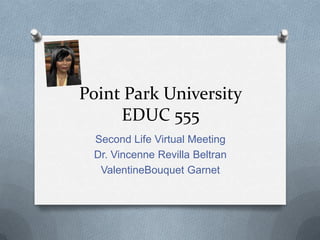 Point Park UniversityEDUC 555 Second Life Virtual Meeting Dr. Vincenne Revilla Beltran ValentineBouquet Garnet 