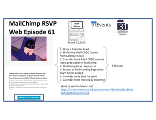 MailChimp RSVP
Web Episode 61
March 21,2020
1. Make a Calendar Snack
2. MailChimp RSVP CODE Copied
from Calendar Snack
3. Calendar Snack RSVP CODE Inserted
into Call to Action in MailChimp
4. MailChimp Email Sent to List
5. Routed to RSVP Landing Page when
RSVP Button Clicked
6. Calendar Invite Sent for Event
7. Calendar Invite Tracking & Reporting
Want to see this Snack Live?
https://snack.calendarsnack.com/summary/16mfkojl1bl21ktdv
5b8u4jf5b5ofsjop9tejlo1
RSVP
Button
4 Minutes
 