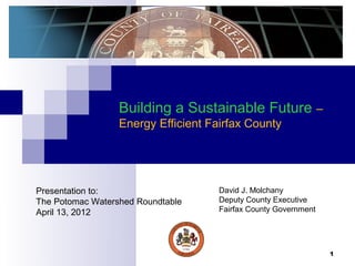 Building a Sustainable Future –
                  Energy Efficient Fairfax County




Presentation to:                     David J. Molchany
The Potomac Watershed Roundtable     Deputy County Executive
April 13, 2012                       Fairfax County Government




                                                                 1
 