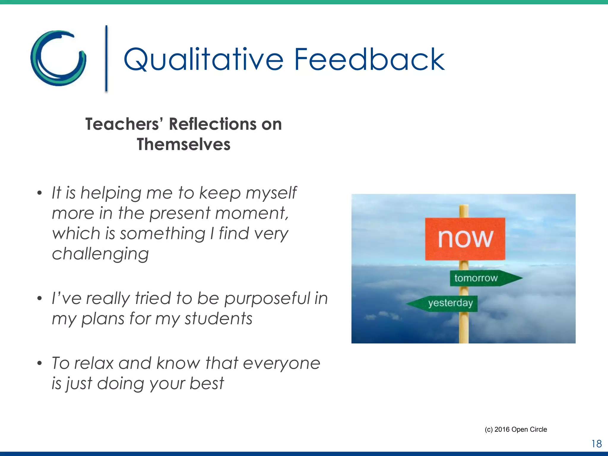 Qualitative Feedback
Teachers’ Reflections on
Themselves
• It is helping me to keep myself
more in the present moment,
which is something I find very
challenging
• I’ve really tried to be purposeful in
my plans for my students
• To relax and know that everyone
is just doing your best
18
(c) 2016 Open Circle
 