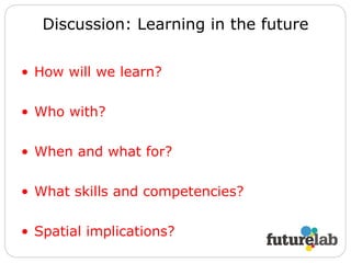 Discussion: Learning in the future How will we learn? Who with? When and what for? What skills and competencies? Spatial implications? 